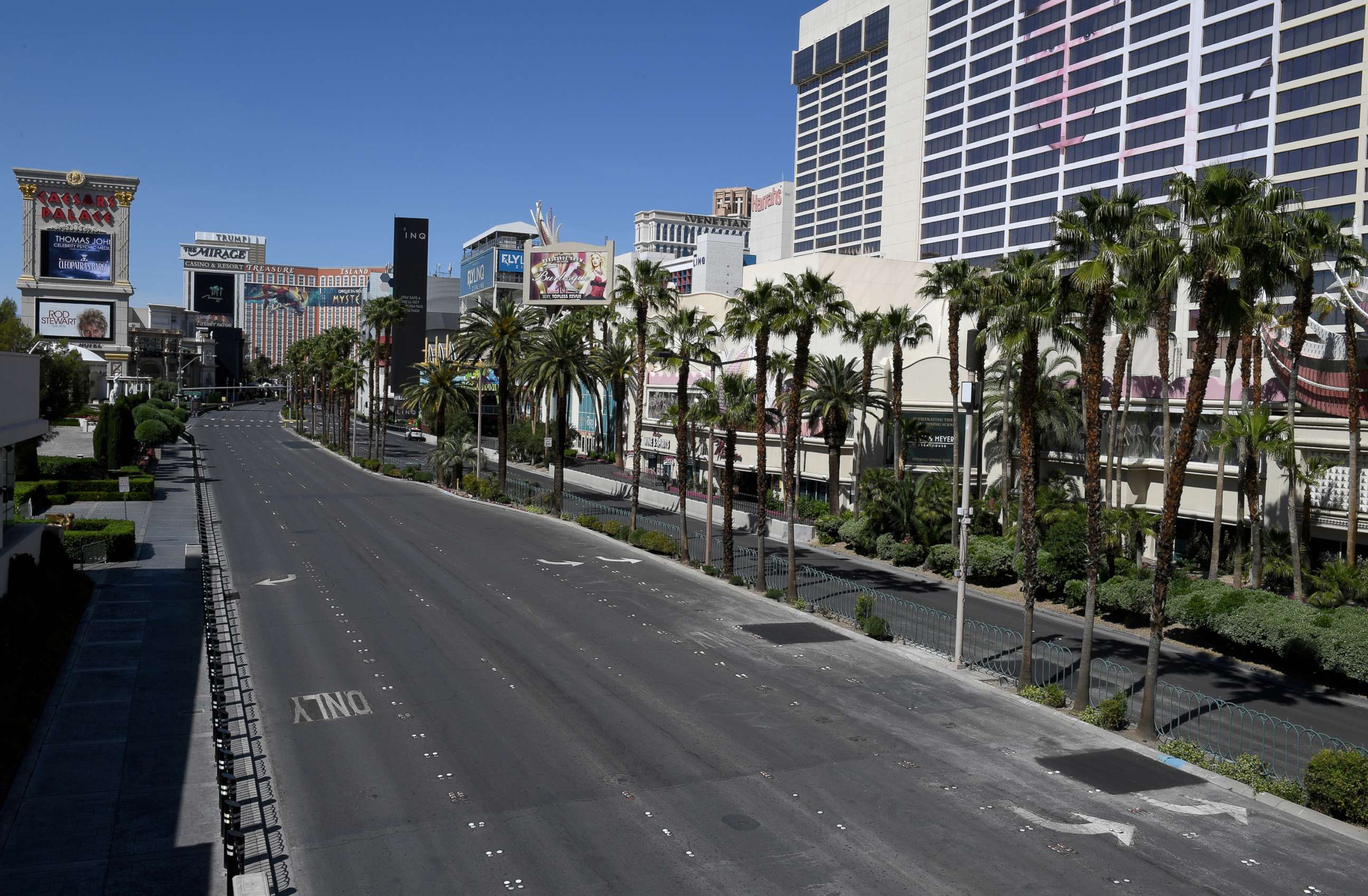 PHOTO: A view of the Las Vegas Strip between Caesars Palace and Flamingo Las Vegas shows almost no vehicle or pedestrian traffic as the coronavirus continues to spread across the United States on April 24, 2020 in Las Vegas.