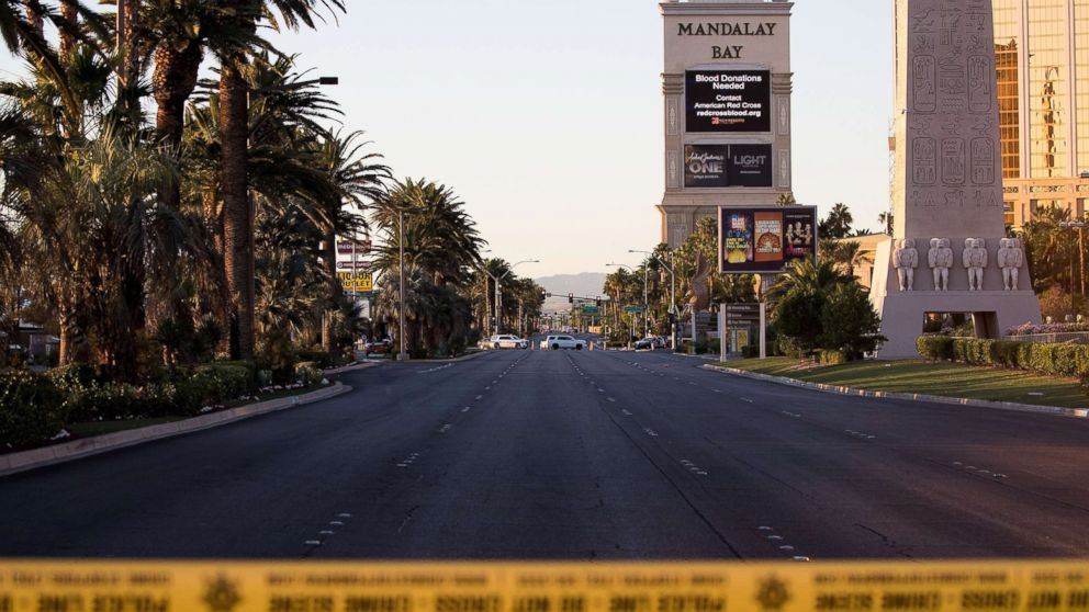 PHOTO: Las Vegas Blvd. remained closed to vehicular traffic, Oct. 3, 2017, near the scene of Sunday night's mass shooting in Las Vegas, Nevada.