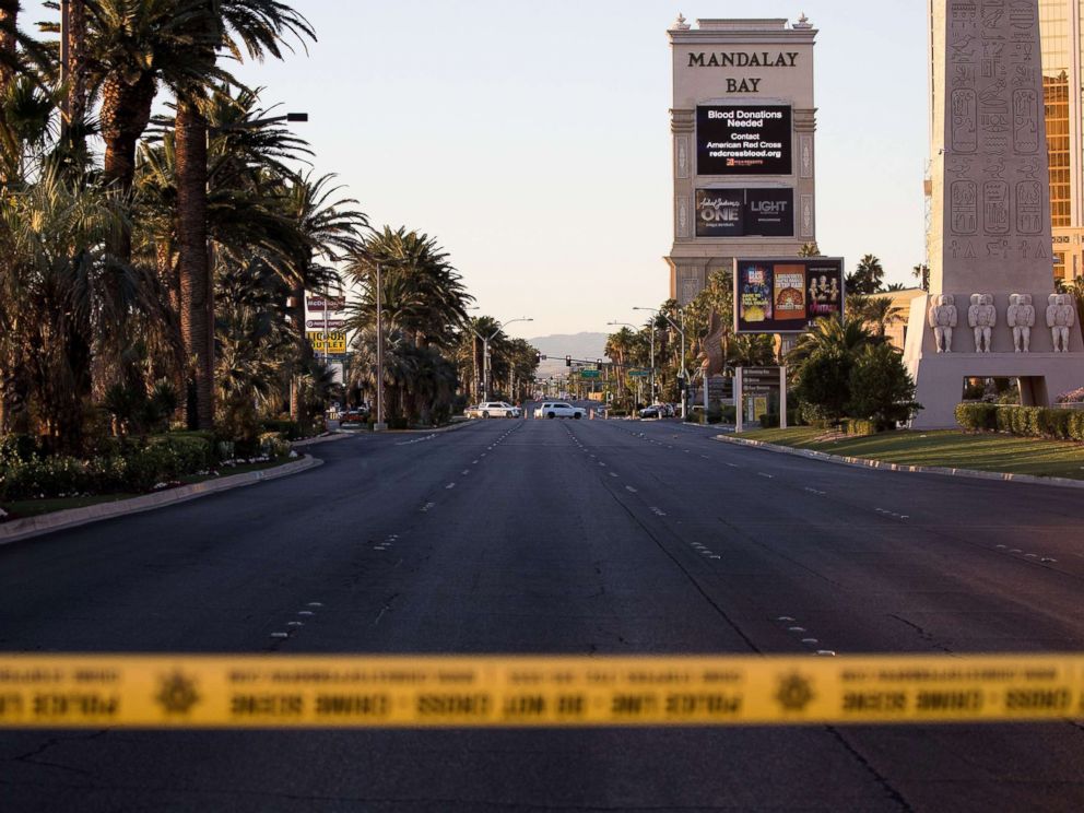 PHOTO: Las Vegas Blvd. remained closed to vehicular traffic, Oct. 3, 2017, near the scene of Sunday nights mass shooting in Las Vegas, Nevada.