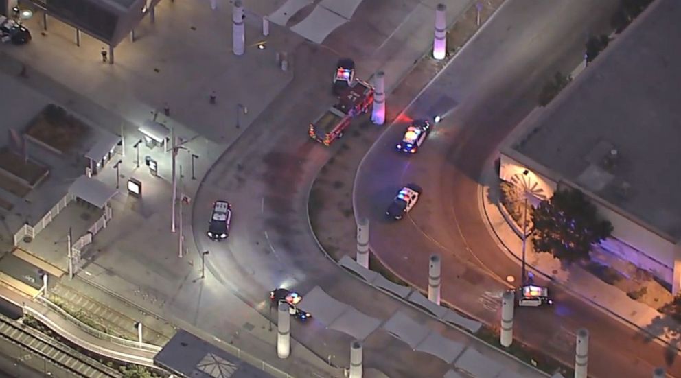 PHOTO: Law enforcement swarms the Metro station in Compton where two Los Angeles sheriff's deputies were shot in an ambush on Saturday, Sept. 12, 2020.