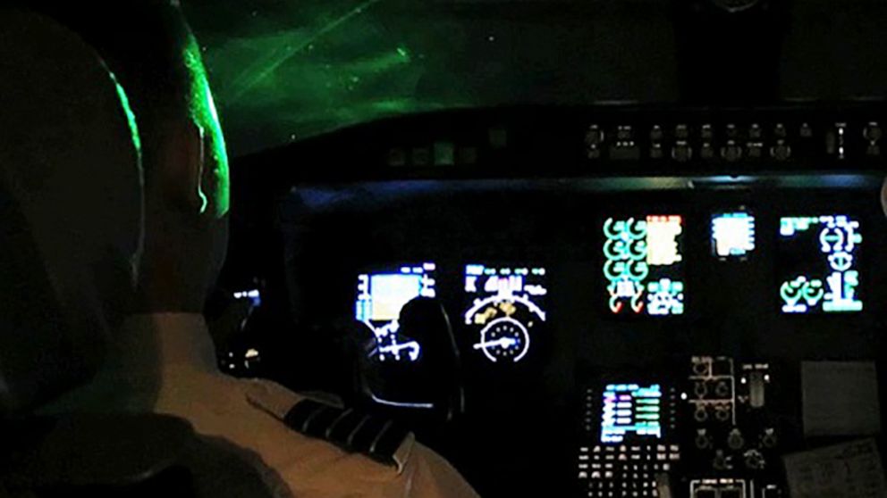 PHOTO: A simulation of a laser pointed toward the cockpit of a plane, shows the dangers of lasers to pilots, in a public service piece by the FBI.