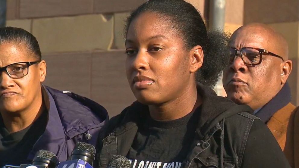 PHOTO: LaToya Boomer, Randy Cox's sister, speaks out at a press conference after five New Haven police officers were charged over an incident that left Cox paralyzed.