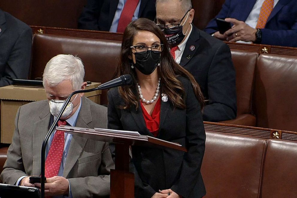 PHOTO: Rep. Lauren Boebert speaks during a House debate session to ratify the 2020 presidential election at the Capitol on Jan. 6, 2021.