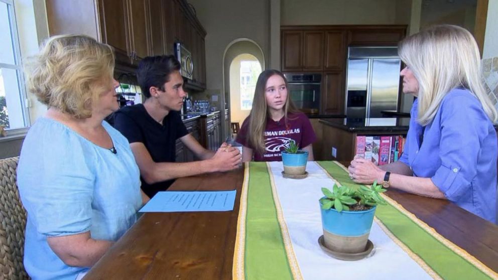 PHOTO: Lauren Hogg, 14, David Hogg, 17, and their mother, Rebecca Boldrick, talk about the shooting at Stoneman Douglas High School in Parkland, Fla.