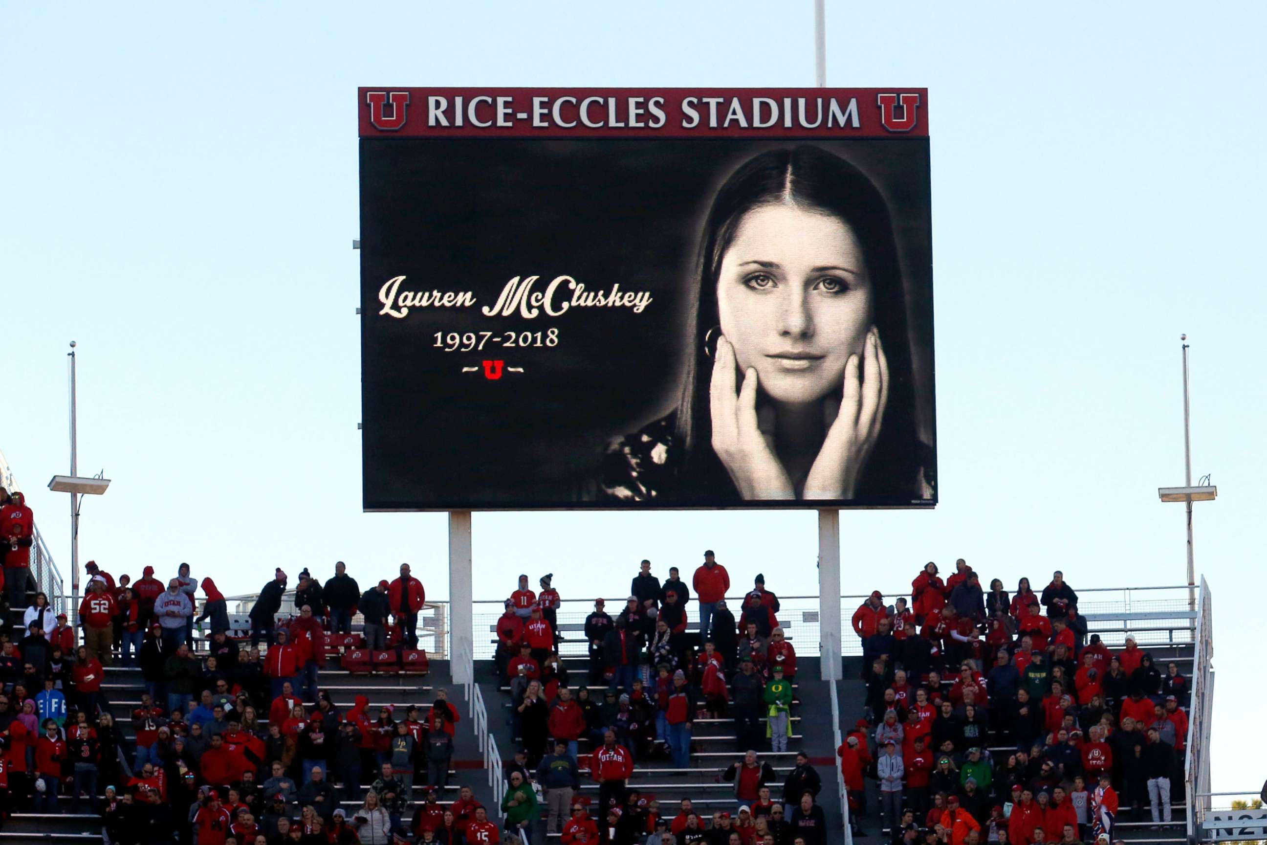 PHOTO: An image of University of Utah student and track athlete Lauren McCluskey, who was fatally shot on campus, is projected on the video board before the start of an NCAA college football game between Oregon and Utah in Salt Lake City, Nov. 10, 2018.