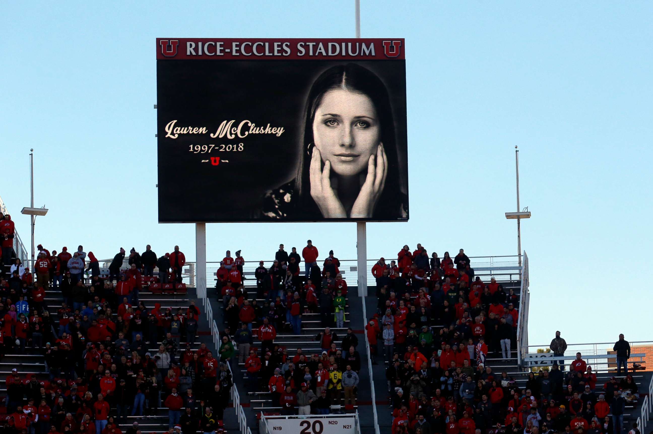 PHOTO: A photograph of University of Utah student and track athlete Lauren McCluskey is projected on the video board before the start of an NCAA college football game between Oregon and Utah, Nov. 10, 2018, in Salt Lake City.