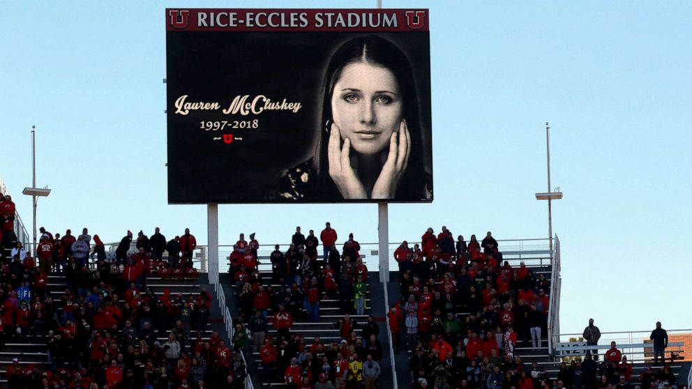 PHOTO: A photograph of University of Utah student and track athlete Lauren McCluskey is projected on the video board before the start of an NCAA college football game between Oregon and Utah, Nov. 10, 2018, in Salt Lake City.