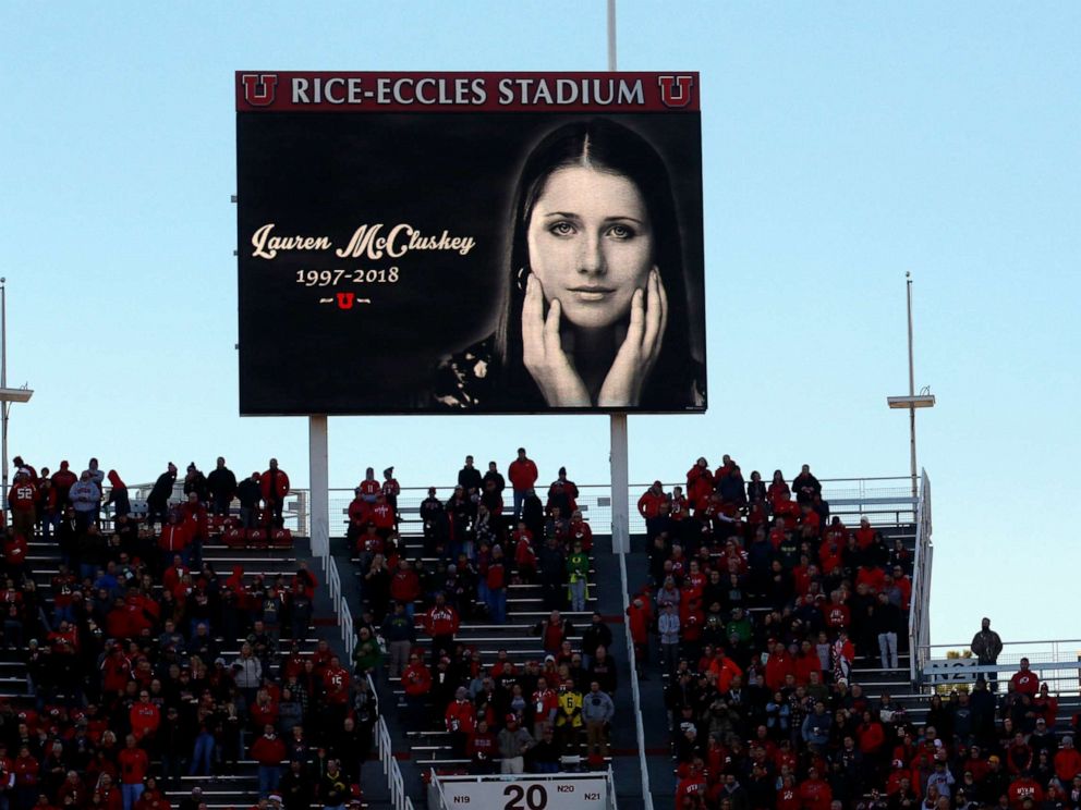 PHOTO: A photograph of University of Utah student and track athlete Lauren McCluskey is projected on the video board before the start of an NCAA college football game between Oregon and Utah, Nov. 10, 2018, in Salt Lake City.