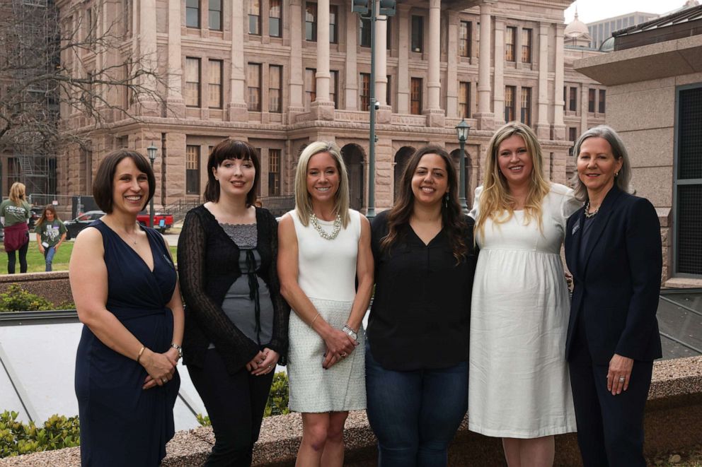PHOTO: Center for Reproductive Rights attorney Molly Duane, left, and CEO Nancy Northup, right, stand with plaintiffs, from left, Lauren Hall, Amanda Zurawski, Anna Zargarian and Lauren Miller, March 7, 2023 at the Texas Capitol in Austin.