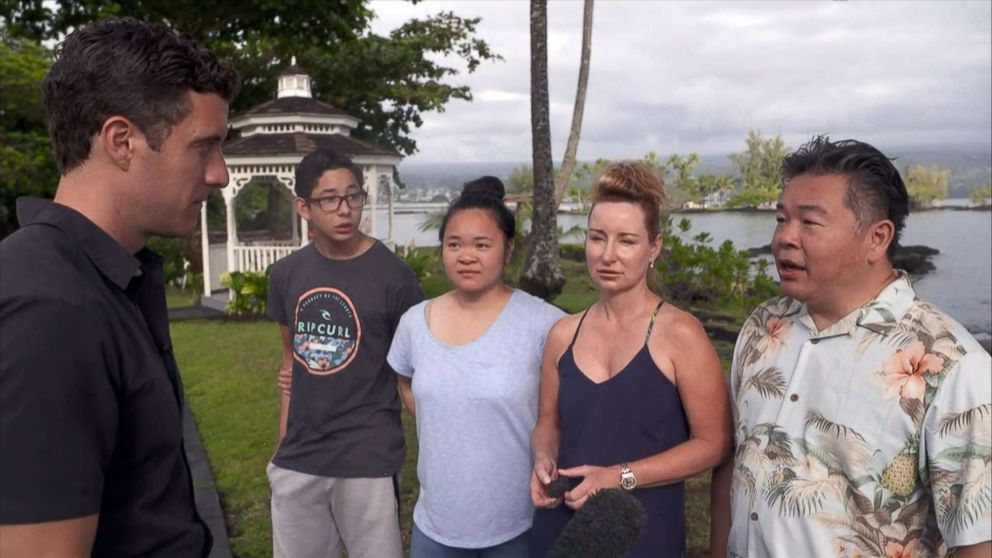 PHOTO: Kaming Li, right, his wife, Dawn and their children, Erica and Christopher, talk about their tour boat being hit by a lava bomb on July 16, 2018 when they went to see the lava flow from the erupting Kilauea volcano in Hawaii.