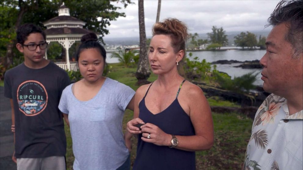 PHOTO: Kaming Li, right, his wife, Dawn and their children, Erica and Christopher, talk about their tour boat being hit by a lava bomb on July 16, 2018 when they went to see the lava flow from the erupting Kilauea volcano in Hawaii.