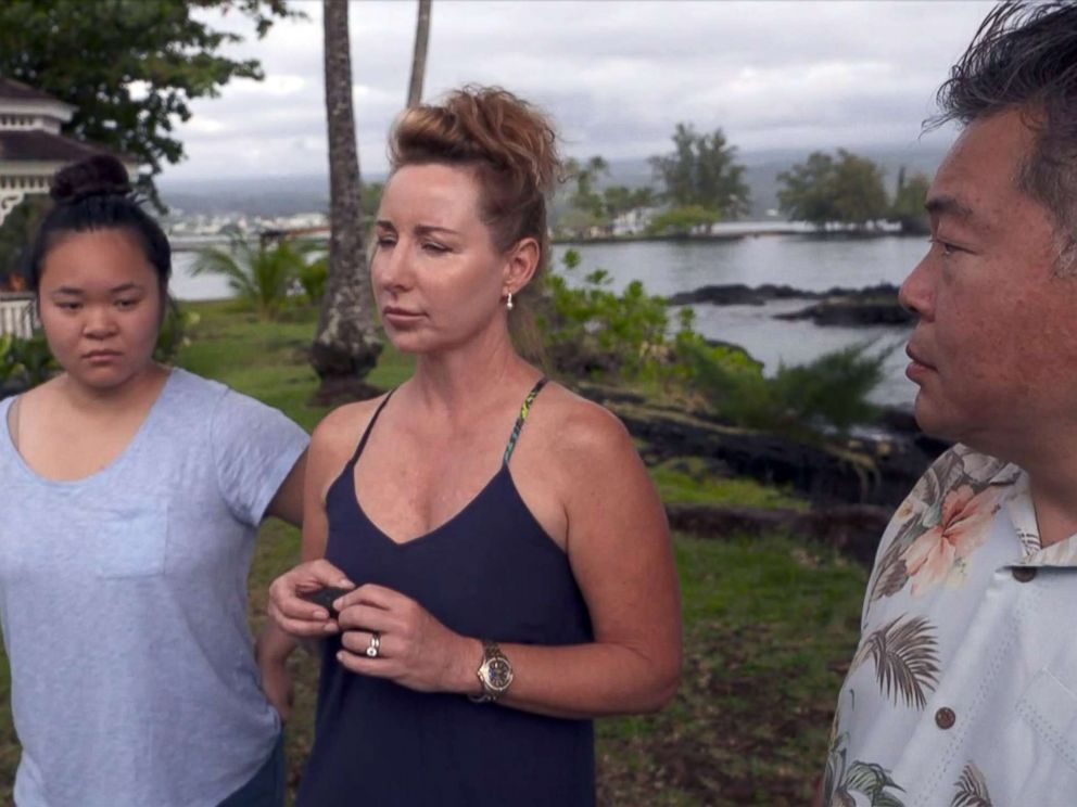 PHOTO: Kaming Li, right, his wife, Dawn and their children, Erica and Christopher, talk about their tour boat being hit by a lava bomb on July 16, 2018 when they went to see the lava flow from the erupting Kilauea volcano in Hawaii.