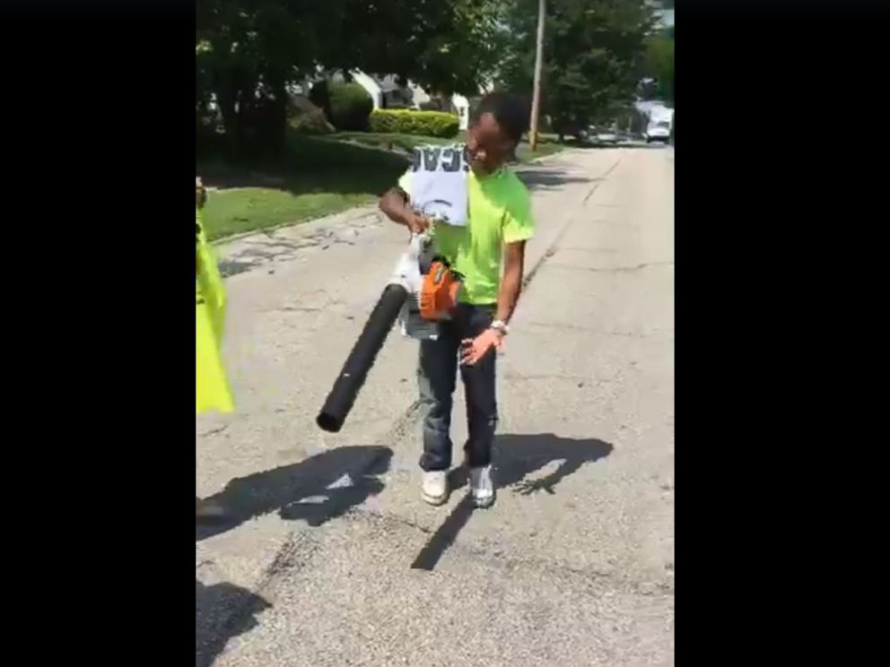   PHOTO: Mr. Reggies Lawn Cutting Service received a new lawn mower and a new community leaf blower after neighbors called police to cut grass 