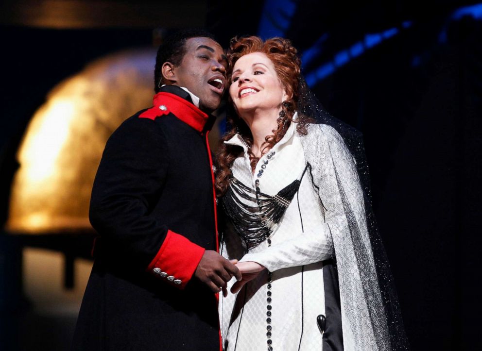 PHOTO: In this April 9, 2010, file photo, cast member Renee Fleming playing the part of Armida, sings with Lawrence Brownlee, playing the part of Rinaldo, during a dress rehearsal of the opera "Armida" at the Metropolitan Opera in New York.