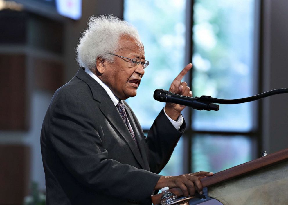 PHOTO: Rev. James Lawson speaks during the funeral service for the late Rep. John Lewis, at Ebenezer Baptist Church in Atlanta, July 30, 2020. Lawson was a leading advocate and tactician of nonviolence within the Civil Rights Movement.