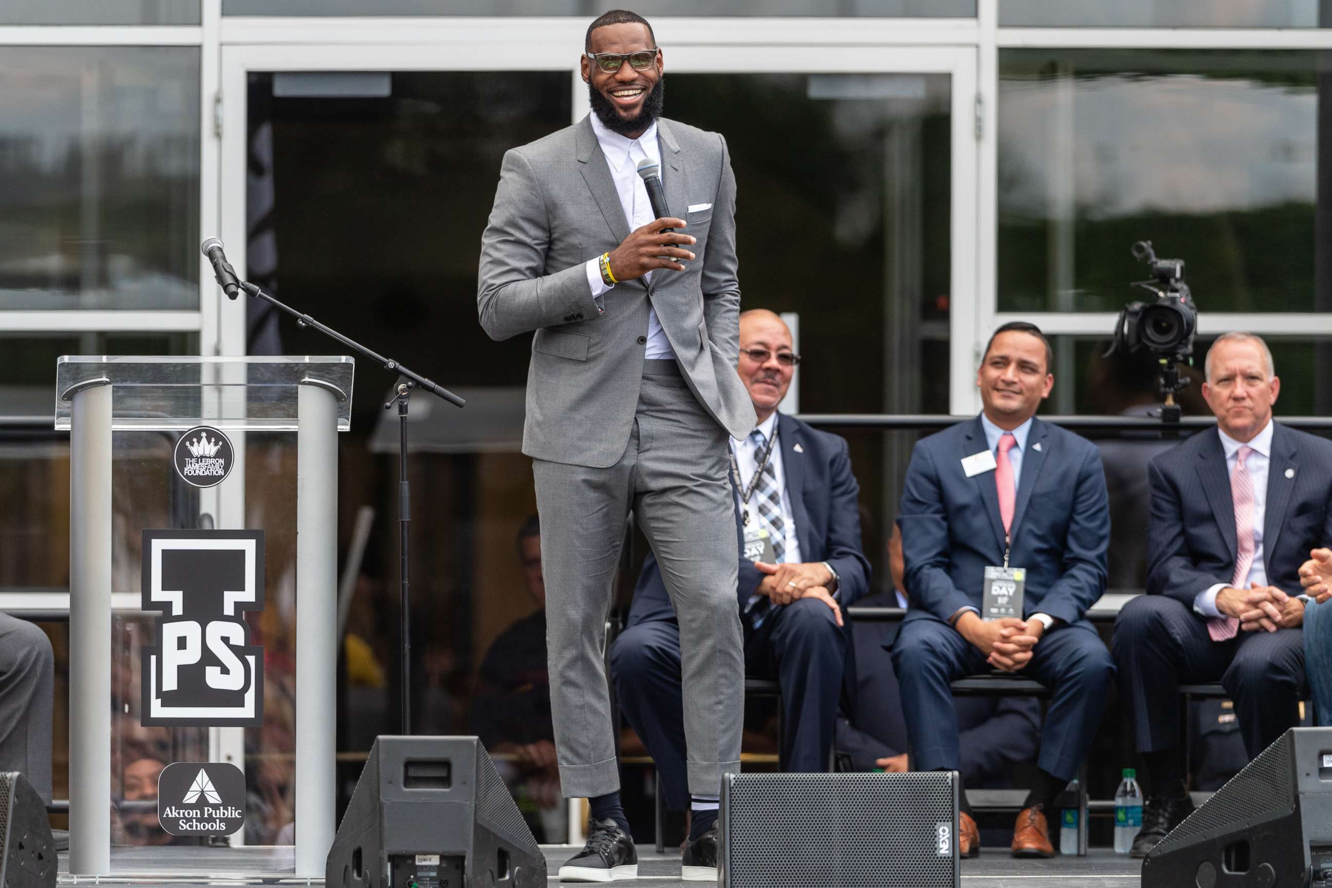PHOTO: LeBron James addresses the crowd during the opening ceremonies of the I Promise School on July 30, 2018 in Akron, Ohio.