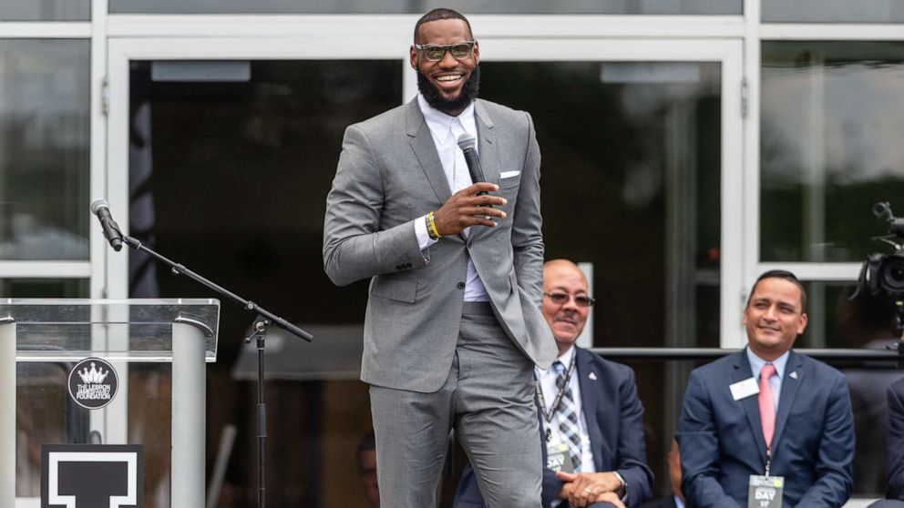 PHOTO: LeBron James addresses the crowd during the opening ceremonies of the I Promise School on July 30, 2018 in Akron, Ohio.