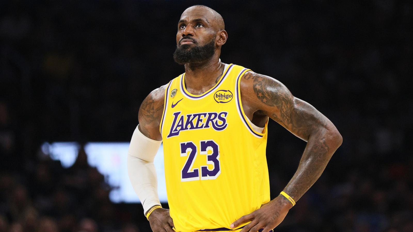 PHOTO: Los Angeles Lakers' LeBron James stands on the court in the second half of Game 2 in a second-round NBA basketball playoffs series against the Oklahoma City Thunder, May 7, 2026, in Oklahoma City.