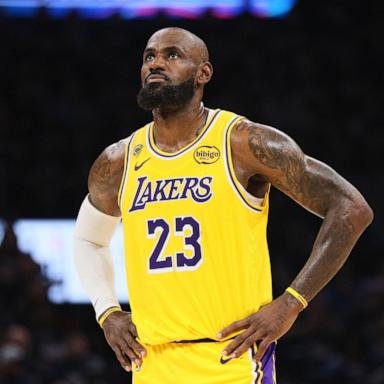 PHOTO: Los Angeles Lakers' LeBron James stands on the court in the second half of Game 2 in a second-round NBA basketball playoffs series against the Oklahoma City Thunder, May 7, 2026, in Oklahoma City.