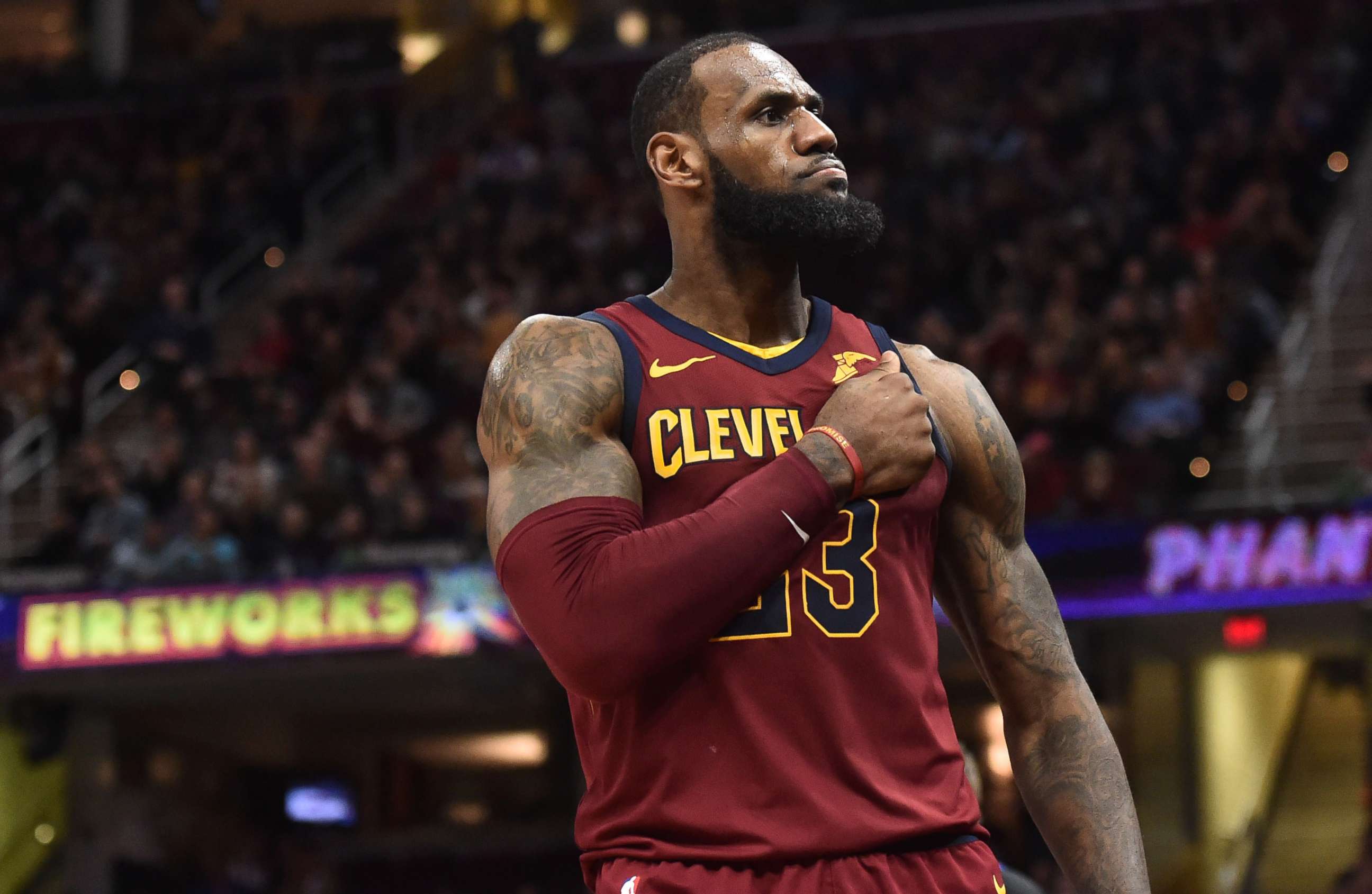 PHOTO: Cleveland Cavaliers forward LeBron James (23) reacts after a basket during the second half against the Detroit Pistons at Quicken Loans Arena in Cleveland, Jan. 28, 2018.