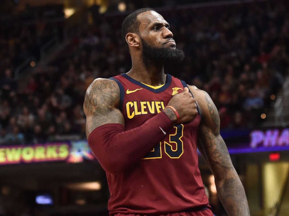 PHOTO: Cleveland Cavaliers forward LeBron James (23) reacts after a basket during the second half against the Detroit Pistons at Quicken Loans Arena in Cleveland, Jan. 28, 2018.