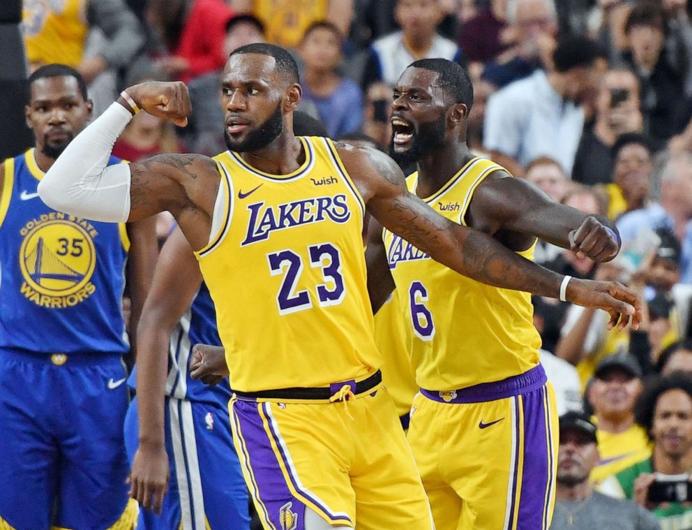 PHOTO: LeBron James flexes during a preseason game at T-Mobile Arena on Oct. 10, 2018, in Las Vegas.