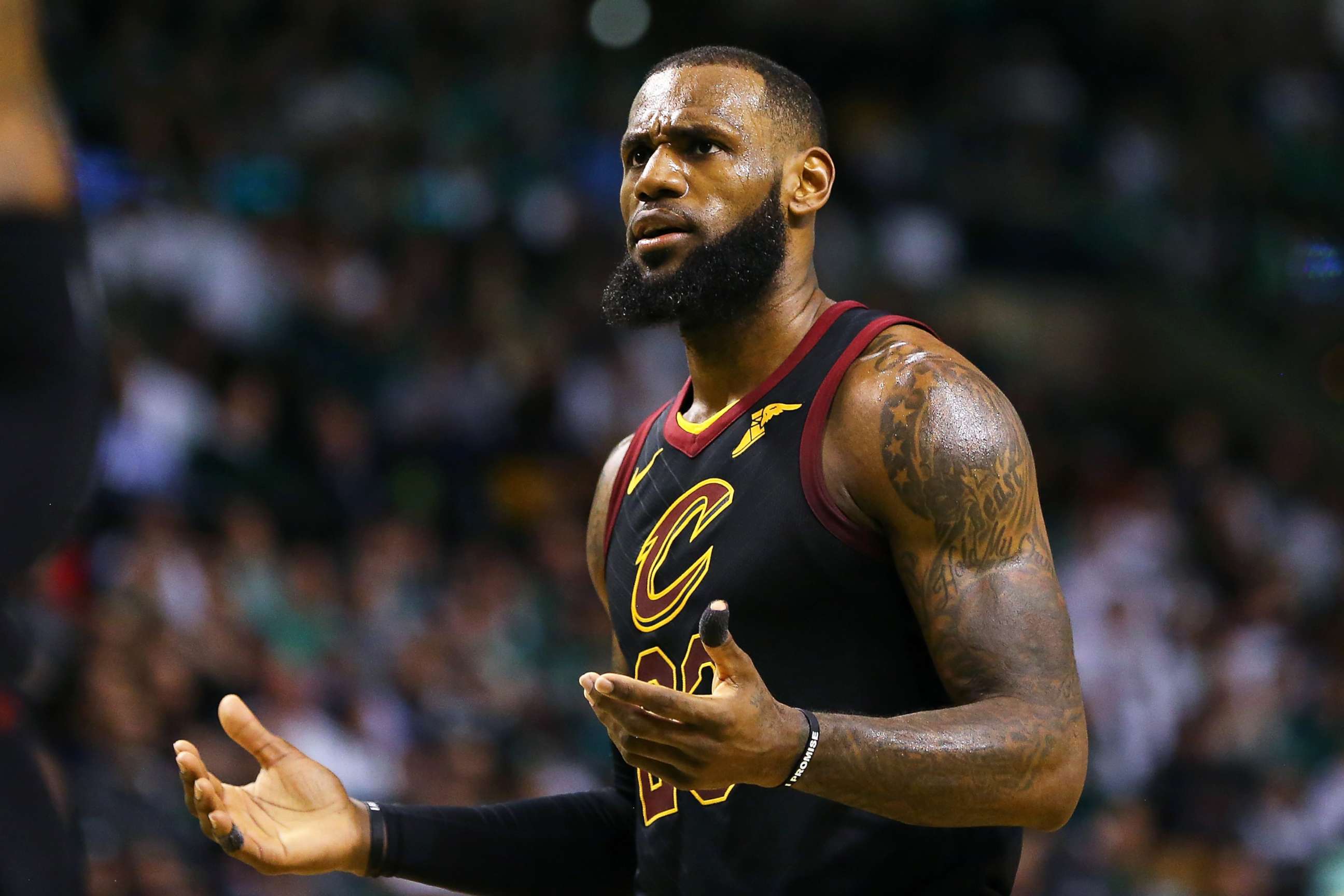 PHOTO: Lebron James #23 of the Cleveland Cavaliers reacts in the second half during a game against the Boston Celtics at TD Garden, Feb. 11, 2018 in Boston.