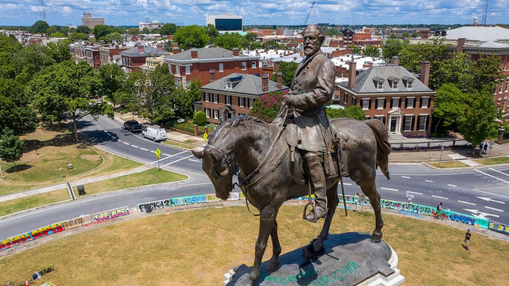 PHOTO: The statue of Confederate General Robert E. Lee is the only Confederate monument left on on Monument Avenue, July 10, 2020, in Richmond, Va.