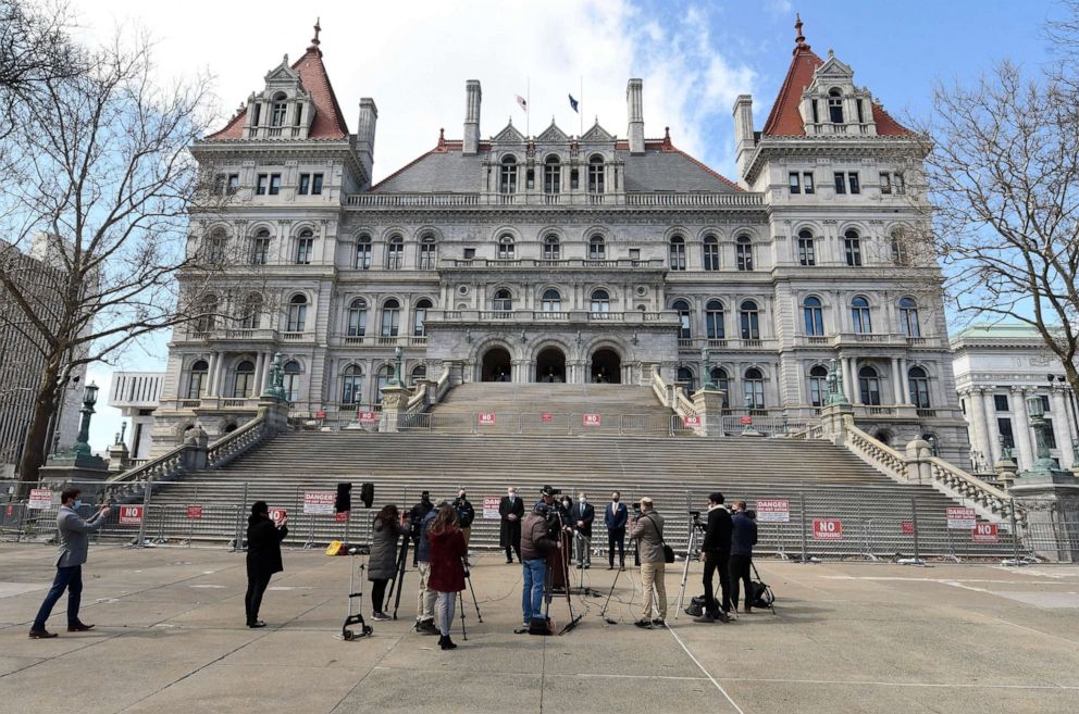 PHOTO: A coalition group opposed to the legalization of recreational marijuana urges New York lawmakers to vote against the Bill to legalize adult-use cannabis during a news conference outside the state Capitol Monday, March 29, 2021, in Albany, N.Y. 