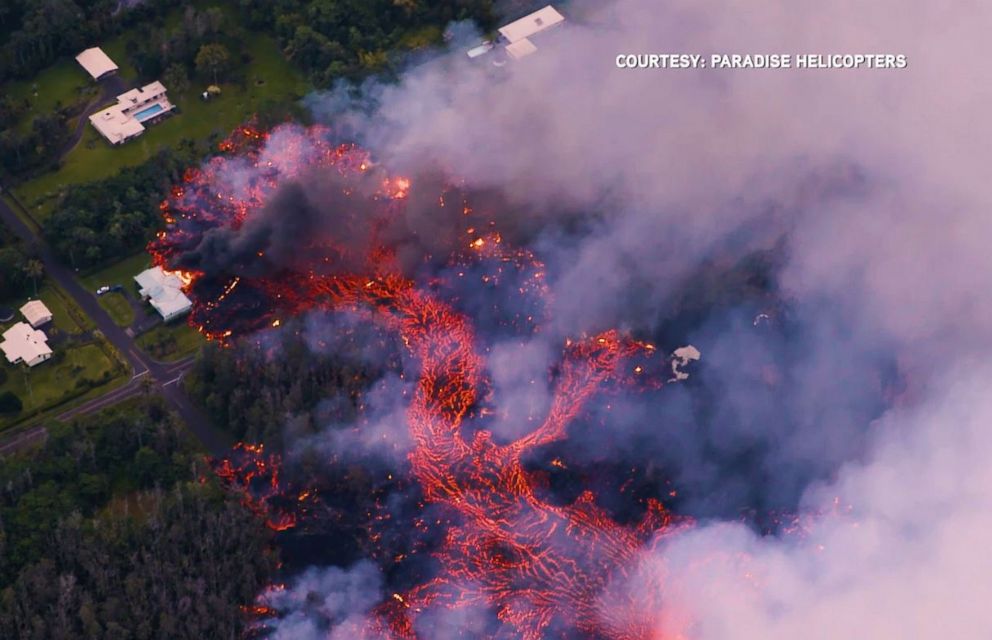 A fissure eruption in the Leilani Gardens neighborhood on Hawaii's Big Island consumed homes on Sunday, May 6, 2018.