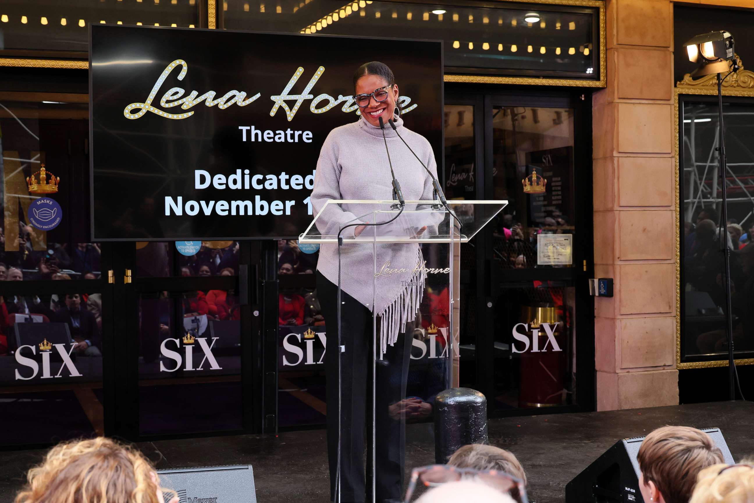 PHOTO: Audra McDonald speaks onstage during the Nederlander Organization's unveiling of Broadway's new Lena Horne Theatre on Nov. 01, 2022 in New York City.