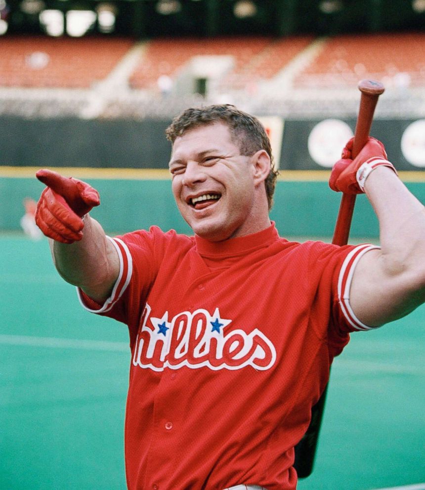 PHOTO: Philadelphia Phillies outfielder Lenny Dykstra laughss before the start of Game 2 of the National League playoffs at Philadelphia's Veterans Stadium, Oct. 7, 1993.