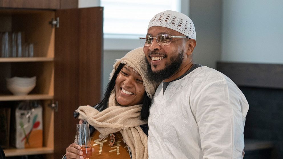 PHOTO: Leon Benson (right) embraces his sister Valerie Buford on March 9, 2023, in Indianapolis, after Benson was exonerated and released from the Correctional Industrial Facility in Pendleton earlier in the day.