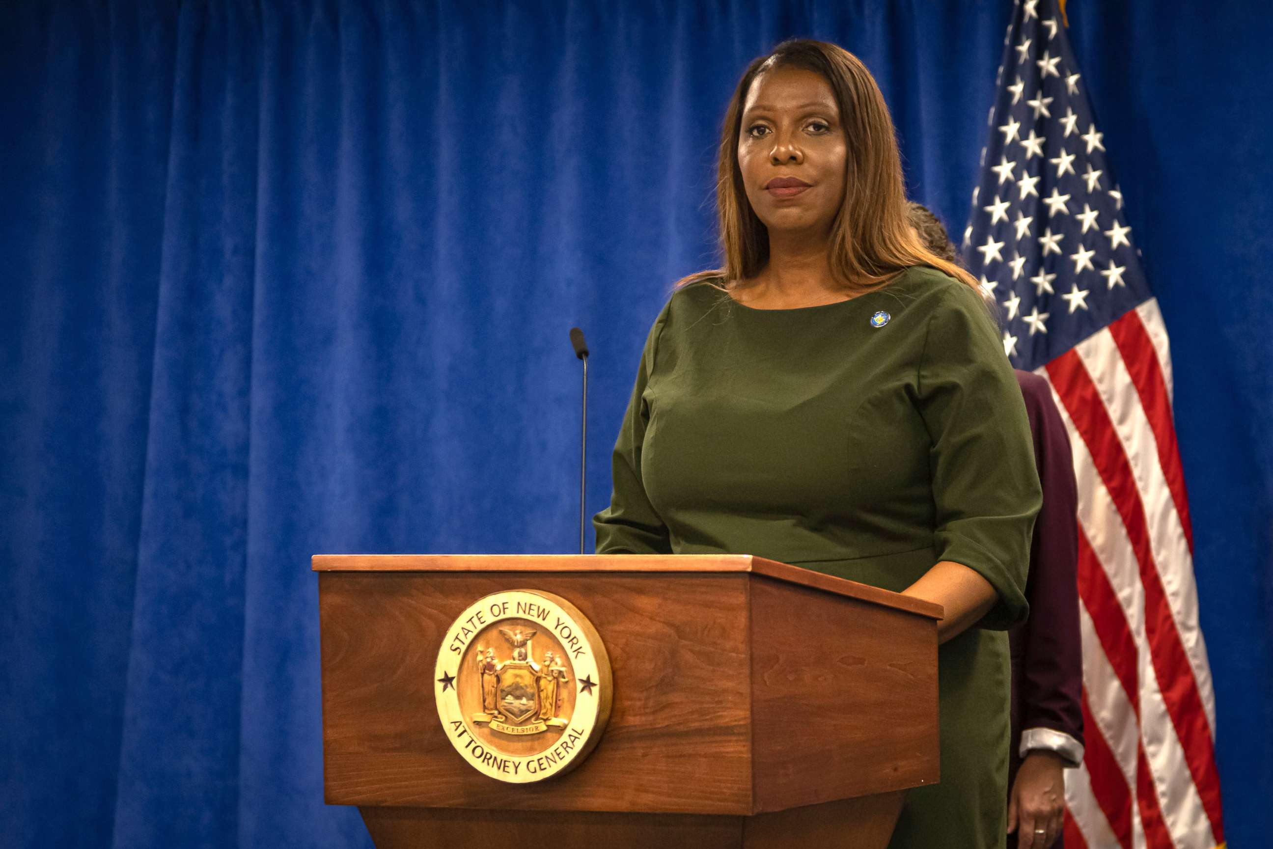 PHOTO: New York State Attorney General Letitia James speaks during a press conference announcing a lawsuit to sue Donald Trump for years of financial fraud on Sept. 21, 2022, in New York.