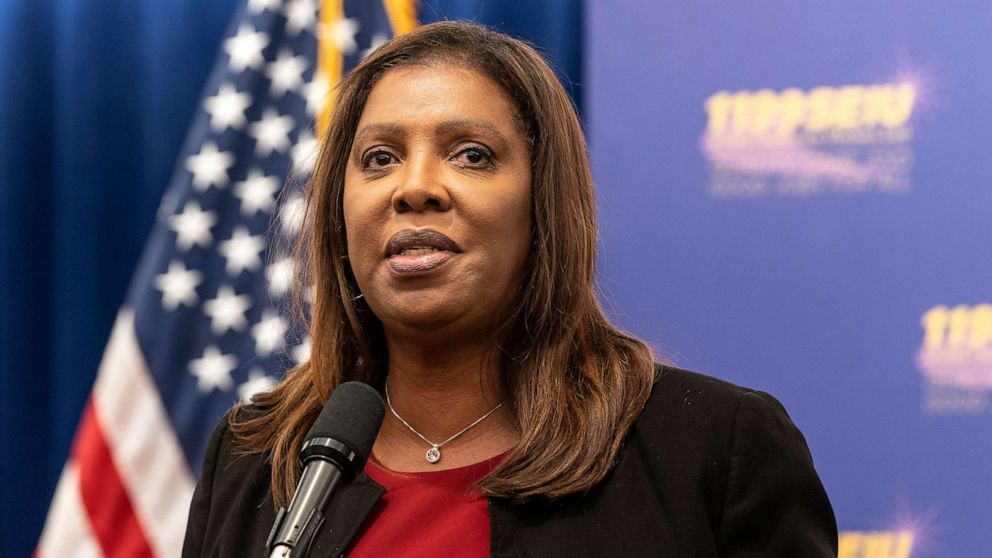 PHOTO: In this July 27, 2022, file photo, Attorney General Letitia James speaks during the rally at the Service Employees International Union headquarters in New York.