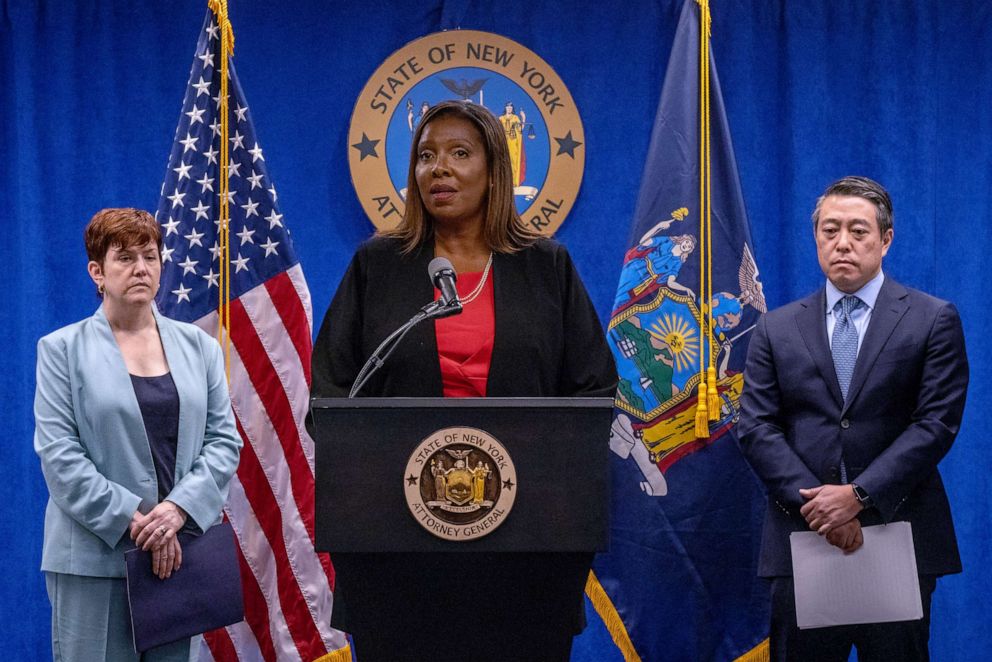 PHOTO: New York Attorney General Letitia James, center, and investigators Anne L. Clark, left and Joon H. Kim present the findings of an independent investigation into accusations against New York Governor Andrew Cuomo, Aug. 3, 2021, in New York City.