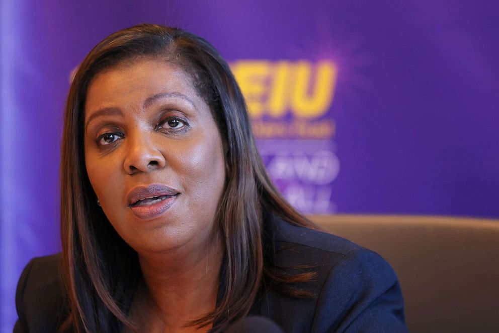 PHOTO: New York Attorney General Letitia James speaks at a news conference at union 1199 SEIU headquarters on March 21, 2022, in New York City.