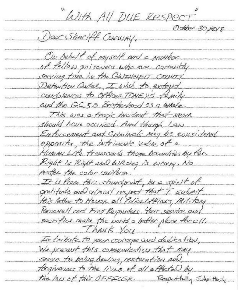 PHOTO: Inmates write a letter to honor slain Officer Antwan Toney from Gwinnett County Police Department.