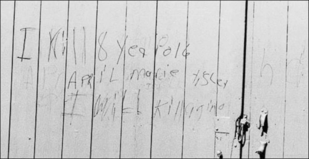 PHOTO: In May 1990 law enforcement found writing on a barn from April Tinsley's suspected killer, saying, "I kill 8 year old April M Tinsley did you find her other show haha I will kill again."