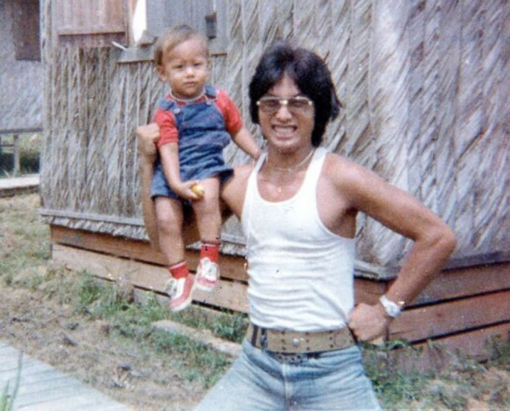 PHOTO: Tim Carter's brother-in-law Lew Jones, who was the adopted son of Peoples Temple leader Jim Jones, is pictured with his son Chaeoke Jones at Jonestown in 1977. Lew Jones and his son died at Jonestown.