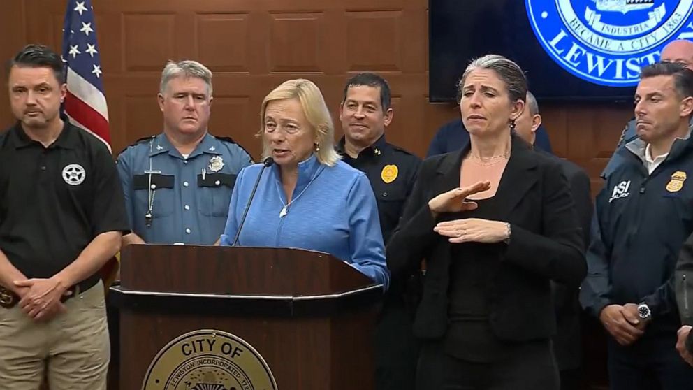 PHOTO: Maine Governor Janet Mills speaks at a press conference at Lewiston City Hall about the shooting suspect Robert Card being found dead, on Oct. 27, 2023, in Lewiston, Maine.