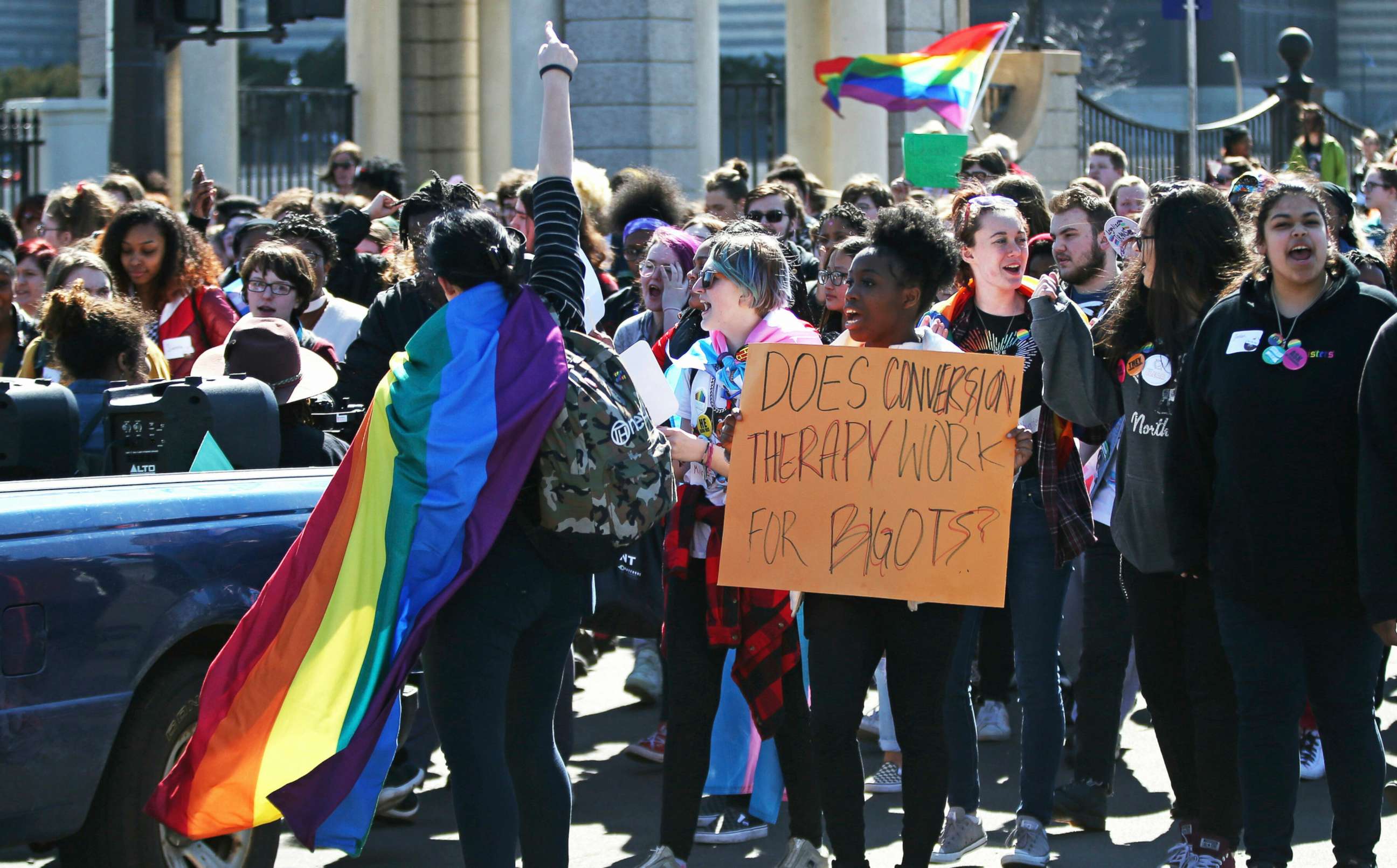 PHOTO: Scores of LGBTQ and allied high school students from across the state of Minnesota march to a rally at the State Cpitol to urge lawmakers to protect LGBTQ Minnesotans and youth from the effects of so-called conversion "therapy," March 21, 2019.