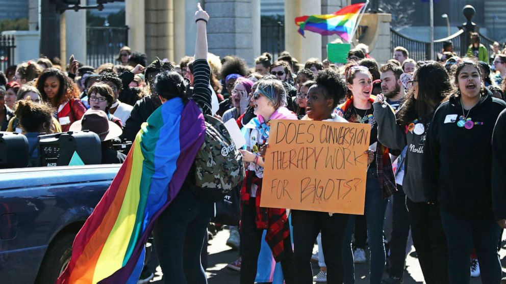 PHOTO: Scores of LGBTQ and allied high school students from across the state of Minnesota march to a rally at the State Cpitol to urge lawmakers to protect LGBTQ Minnesotans and youth from the effects of so-called conversion "therapy," March 21, 2019.