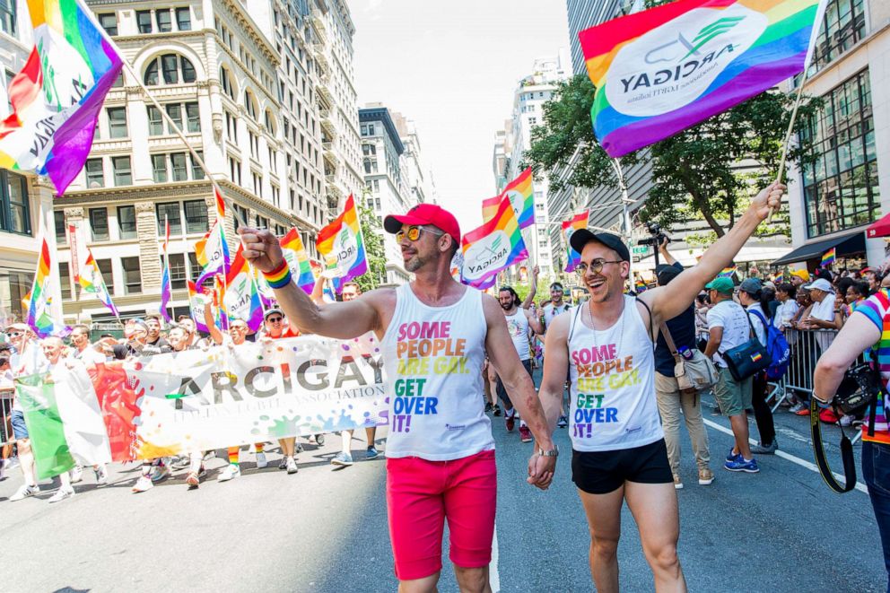 PHOTO: Parade goers march at the annual Pride Parade, June 29, 2019, in New York. 