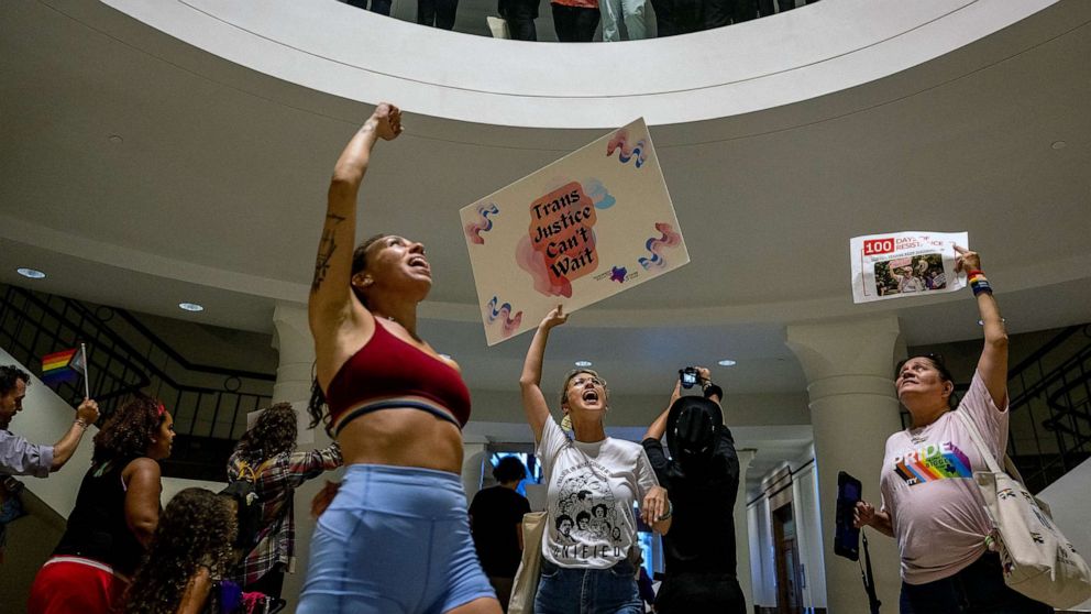 PHOTO: FILE - People chant and march through the Texas State Capitol, April 20, 2023 in Austin, Texas.