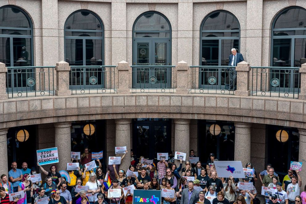 PHOTO: People demonstrate at the Texas State Capitol on April 20, 2023 in Austin, Texas.