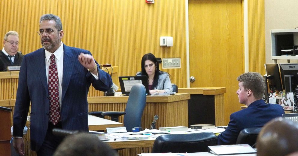 PHOTO: Defense attorney Carlos Diaz-Cobo addresses the jury during closing arguments for his client Liam McAtasney in Monmouth County Superior Court, Feb. 22, 2019 in Freehold, N.J.
