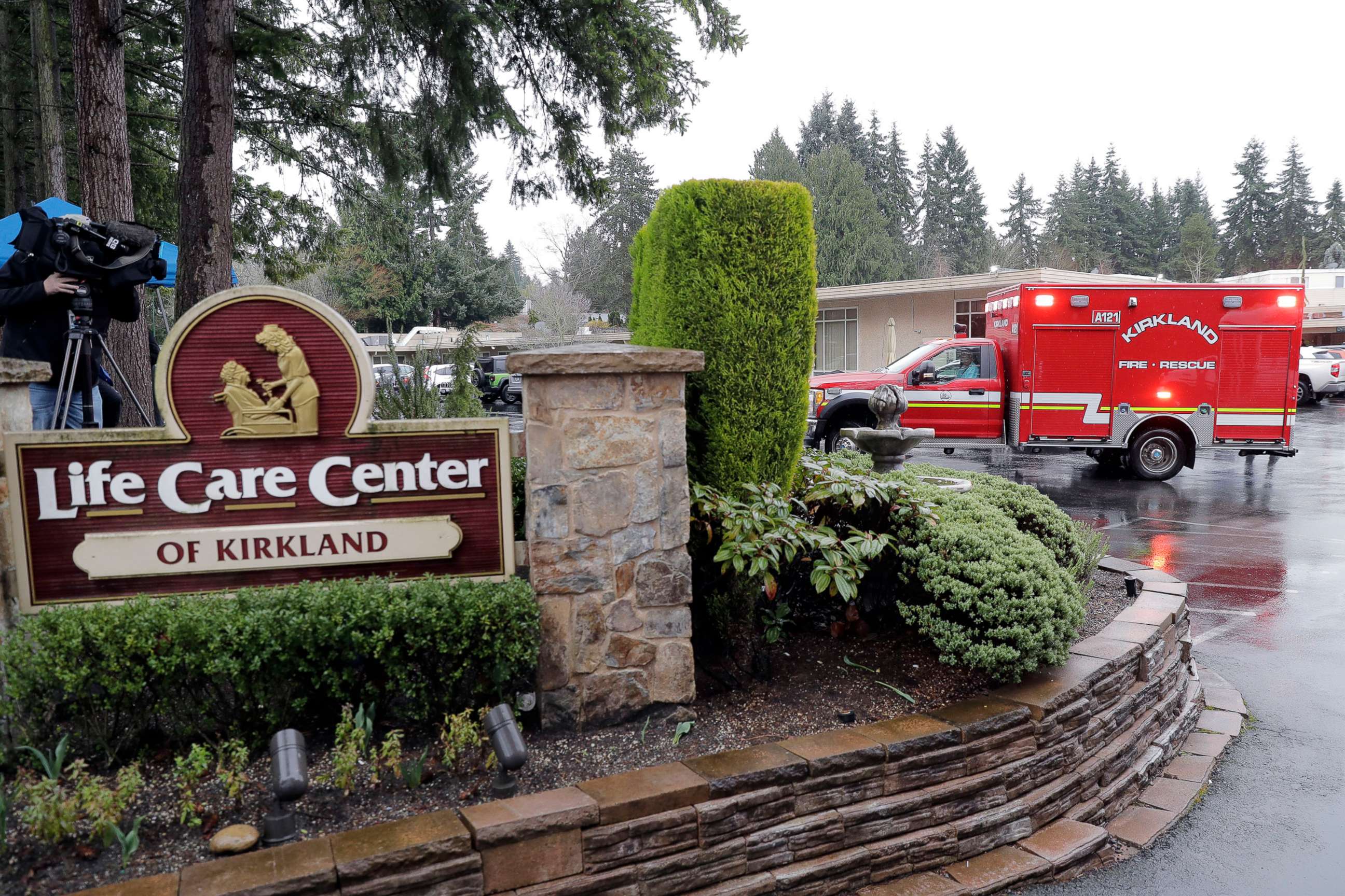 PHOTO: An ambulance is shown, March 6, 2020, at the Life Care Center in Kirkland, Wash., which has become the epicenter of the coronavirus outbreak in Washington state. This ambulance left the facility after a short time and did not transport a patient.