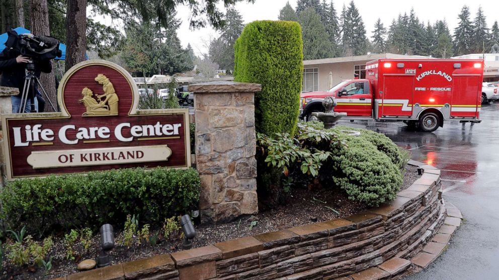 PHOTO: An ambulance is shown, March 6, 2020, at the Life Care Center in Kirkland, Wash., which has become the epicenter of the coronavirus outbreak in Washington state. This ambulance left the facility after a short time and did not transport a patient.