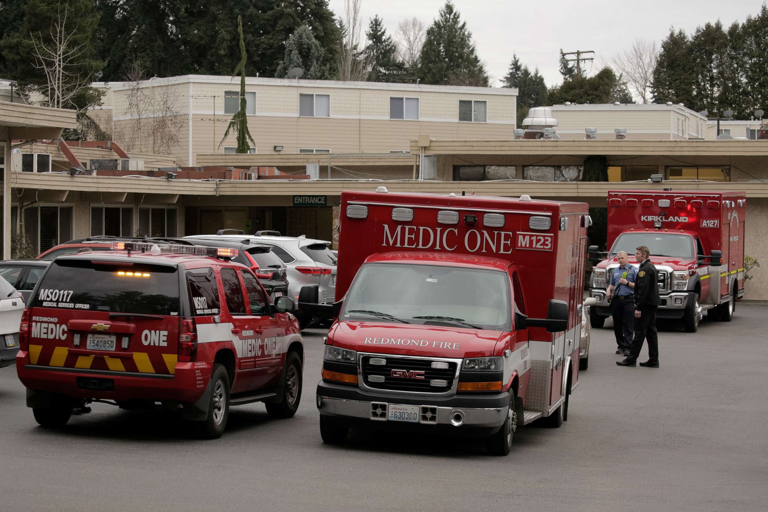 PHOTO: An ambulance transports a patient from the Life Care Center of Kirkland, the long-term care facility linked to several confirmed cases of the novel coronavirus in the state, in Kirkland, Washington, March 1, 2020.